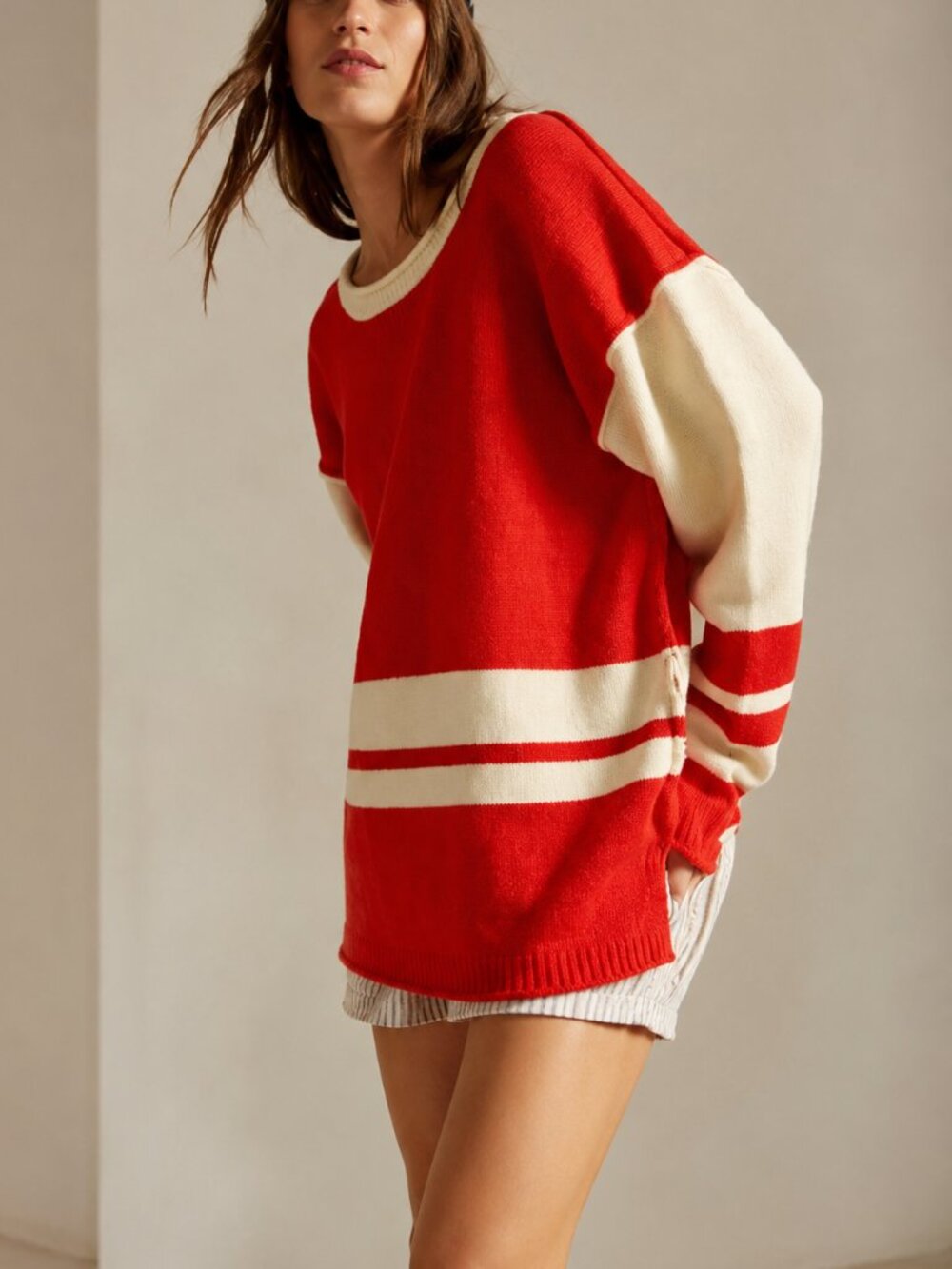 Free People Ella Colorblock Roll-Neck Knit Sweater Red Ivory NWT Size S